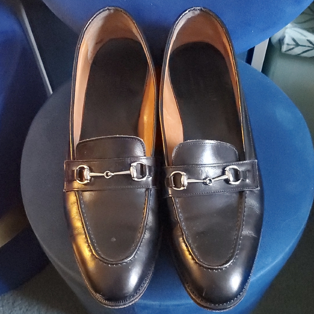 Meermin  Black Leather Loafers with Silver Buckle Detail